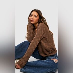 Boohoo Checkerboard Knit Crop Cardigan